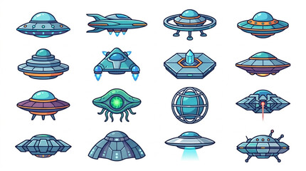 Collection of diverse flying saucer and alien spacecraft illustrations. © Shella