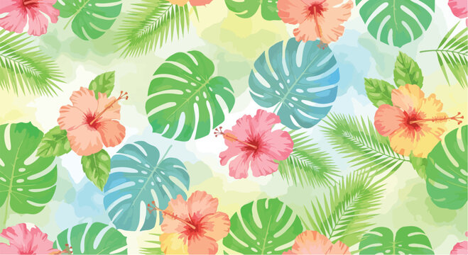 Tropical hibiscus seamless pattern vector, watercolor exotic floral background with monstera and palm leaves, summer botanical wallpaper