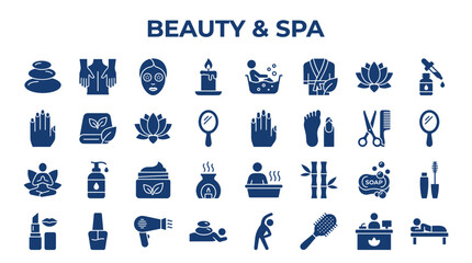 Fototapeta premium Comprehensive collection of beauty and spa icons representing wellness treatments relaxation and personal care services for a healthy lifestyle concept