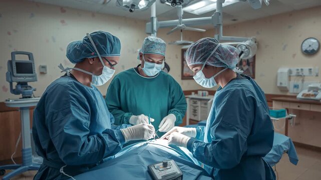 小児病院の明るい手術室で外科チームが子どもの手術に慎重に向き合う様子