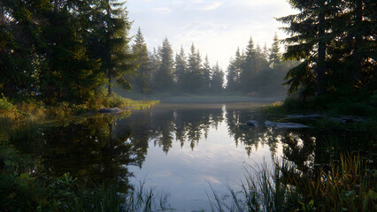Fototapeta premium Serene morning mist gently hovers above a still forest lake, perfectly reflecting the surrounding evergreen trees under a soft, tranquil sky at dawn