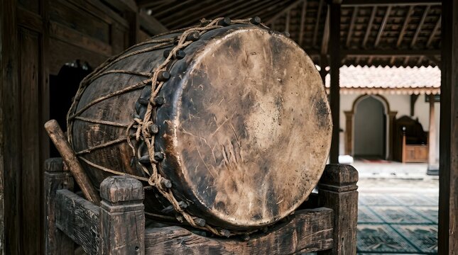 Traditional Batak musical instrument large drum in cultural architecture setting showcasing wooden body and rustic strings