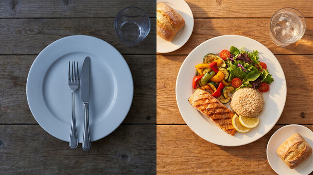 Empty Plate vs Healthy Balanced Meal Contrast Top View Nutrition Concept