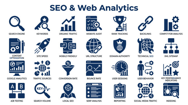 Collection of SEO and Web Analytics Icons representing digital marketing strategy concepts and online business optimization tools for website performance analysis