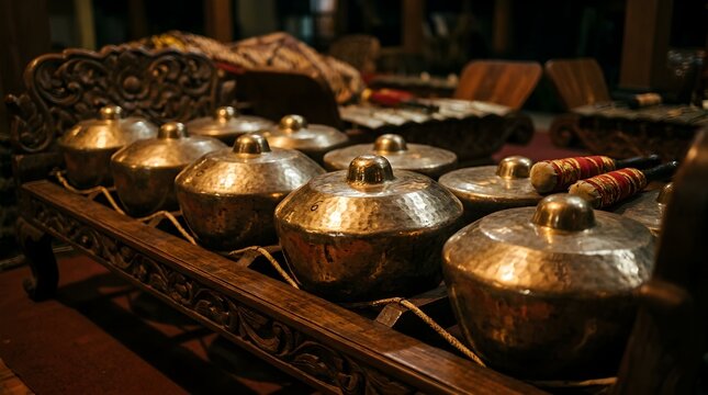 Traditional Bonang Bronze Kettles on Wooden Frame in Cultural Musical Instrument Setup, Close View Indoors
