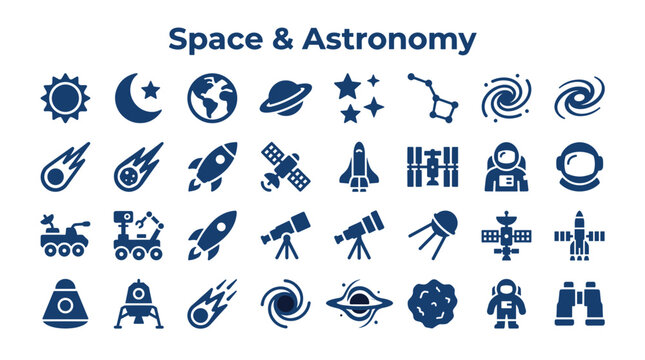 Collection of space and astronomy icons representing celestial bodies spacecraft and cosmic phenomena for science and education themes