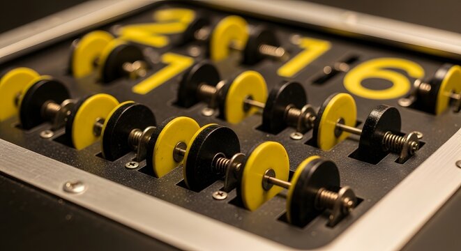 Close up of mechanical counter with yellow and black beads on metal frame