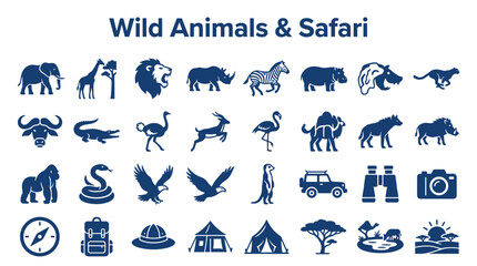 Collection of Wild Animals and Safari Icons Representing Wildlife Adventure and Nature Exploration © Iconique Studio