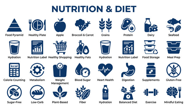 Nutrition and diet concept with diverse icons representing healthy food, exercise, and lifestyle choices for wellness and balanced living