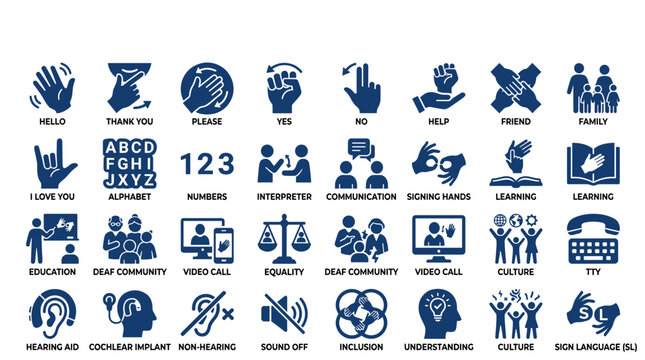 Collection of sign language icons representing communication concepts, education, and deaf culture with diverse symbols for learning and interaction