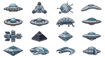 Collection of futuristic flying saucers and alien spacecraft designs. © Melati