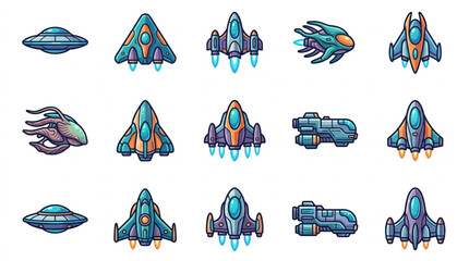 Collection of futuristic cartoon spaceships and alien UFOs. © Melati