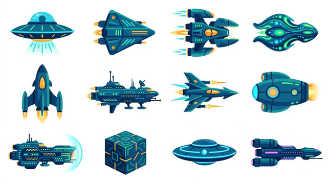 Collection of futuristic alien spaceships and spacecraft designs.