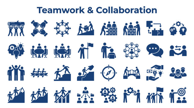 Teamwork and collaboration icons illustrating business concepts like strategy planning communication and success in a diverse corporate setting