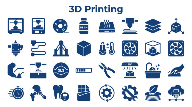 3D Printing Technology Icons Set representing manufacturing process components including printers materials and applications in various industries