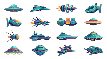 Collection of futuristic science fiction spacecraft and alien ships. © Melati