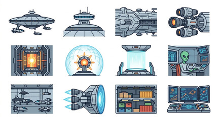 Collection of futuristic science fiction spacecraft and technology elements. © Melati