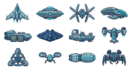 Collection of futuristic science fiction spacecraft and robots. © Melati