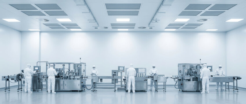Biotechnology lab research clean room factory workers in sterile room