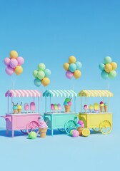 Fototapeta premium Vibrant summer fair scene featuring pastel ice cream carts, clusters of bright balloons, and various chilled desserts under a clear sky, sugar, balloons, delicious