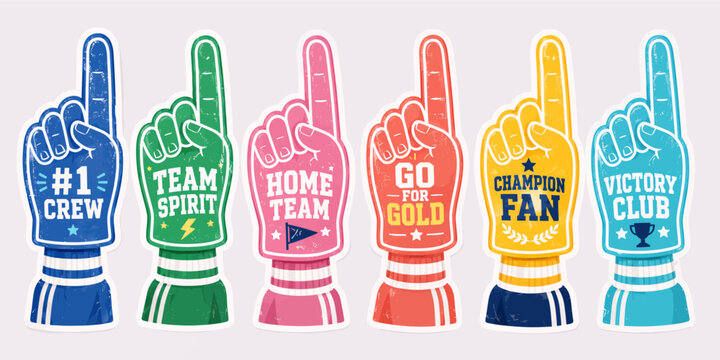 A row of six colorful foam fingers, each displaying a different motivational or team-spirit phrase, representing sports fandom and support.