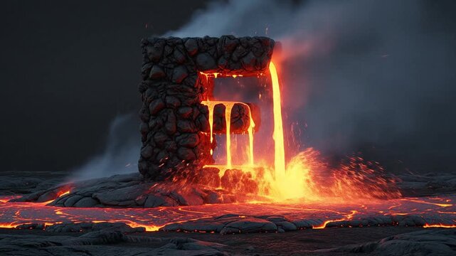 Glowing 3D letter E composed of volcanic rock and molten lava.