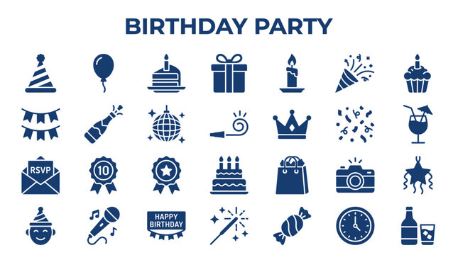 Birthday party celebration icons set for festive events and special occasions with cake, gifts, balloons, and decorations