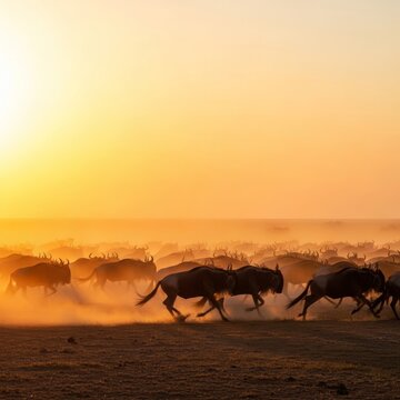 A large herd of wildebeests charges across a sun-scorched plain, creating thick swirls of dust in the warm light of a golden afternoon, stampede, journey, safari