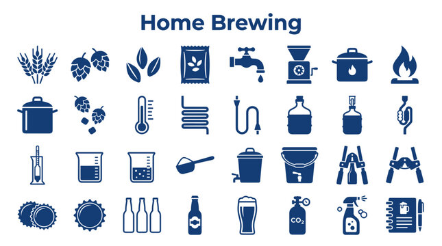 Home brewing equipment and ingredients icons for craft beer making process illustration