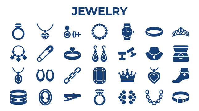 Collection of jewelry icons representing various accessories like rings necklaces earrings bracelets watches and crowns in a clean blue design on a white background ideal for fashion or retail