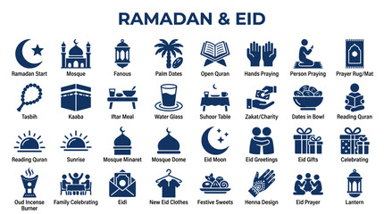 Ramadan and Eid icons set celebrating Islamic holidays with symbols like mosque, Quran, prayer, dates, gifts, and family gatherings for festive greetings and traditions © Iconique Studio