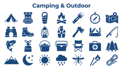Fototapeta premium Collection of camping and outdoor adventure icons representing equipment for hiking, survival, and nature exploration