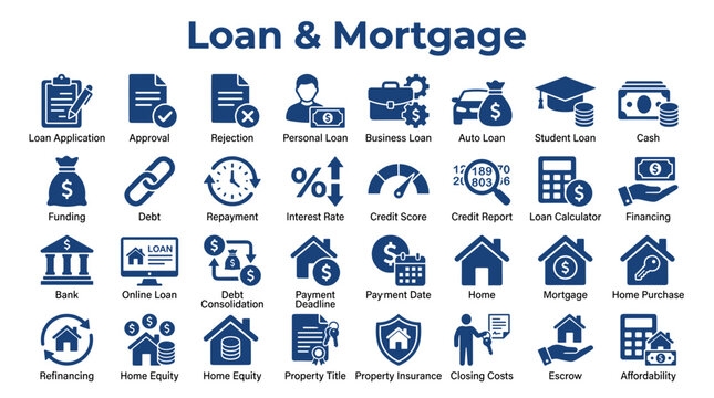 Loan and Mortgage Icons Collection Illustrating Financial Services and Real Estate Transactions