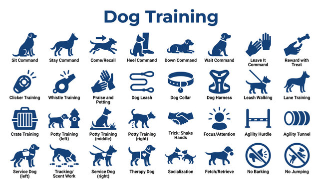 Dog Training Icons Collection Visualizing Commands and Activities for Canine Education and Behavior Management