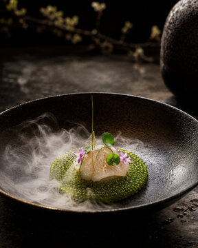 Delicate wolffia garnished with edible flowers creates exquisite dish that captivates senses with its artistry and flavor