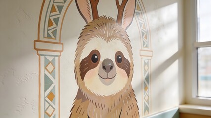 Fototapeta premium Adorable cartoon sloth mural with antlers brings a cheerful and whimsical touch to an indoor wall.