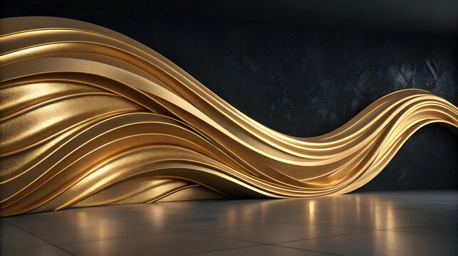 Luxurious flowing golden wave abstract wall design on dark background, premium interior decor, luxury branding backdrop, architectural feature wall, elegant presentation background