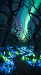 Fototapeta premium An ethereal forest path winds through ancient trees under a vibrant aurora borealis, with glowing bioluminescent plants lighting the ground, evening, vegetation, mystical