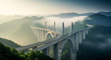Obraz premium An immense architectural bridge spans across a verdant valley, featuring multiple concrete lanes winding through misty green rolling hills, concrete, elevated, hills
