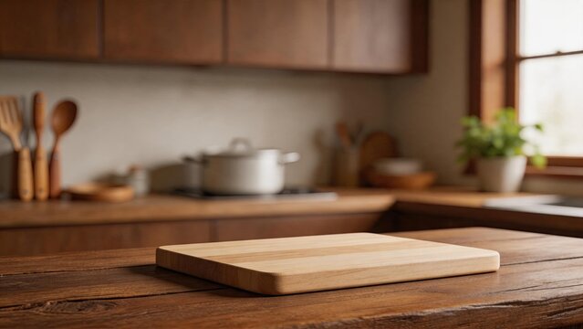 Clean wooden cutting board placed on rustic kitchen table countertop with blurred background showing cooking utensils pots and window light representing culinary preparation home