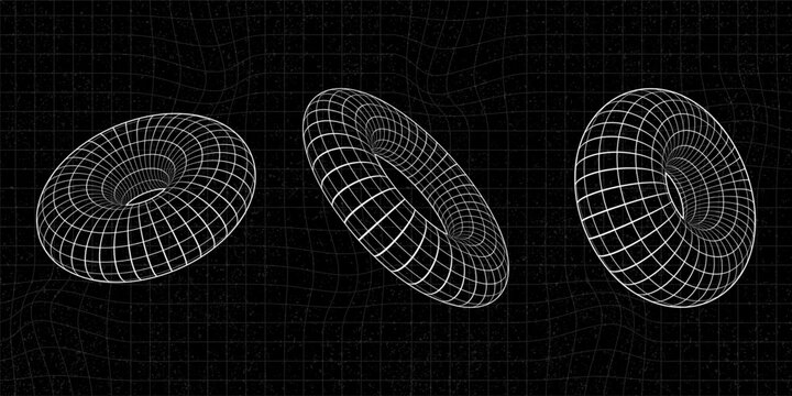 Set of three-dimensional torus wireframe shapes isolated on dark distorted grid background.