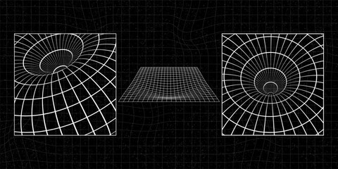 Obraz premium Black hole gravitational singularity wireframe representation on textured distorted grid background.