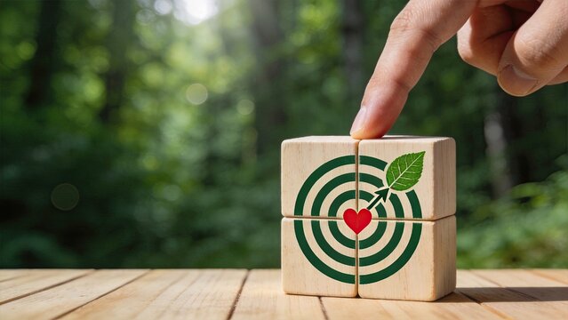Hand aligning wooden blocks with target and heart symbol, sustainability and eco-friendly goals concept for environmental protection and green initiatives in nature background