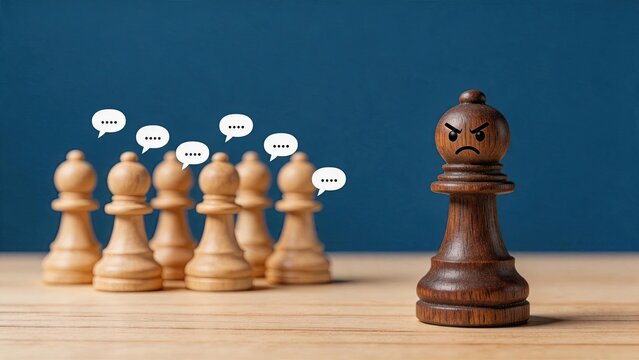 Angry dark chess piece boss facing light pawns, business leadership conflict, management stress, corporate hierarchy tension, team communication problems, office politics, power