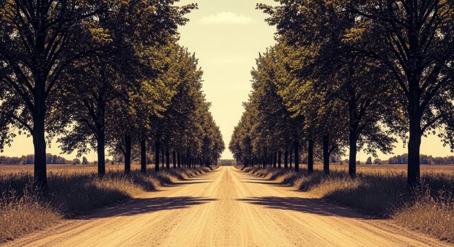 An old dirt road creates a symmetrical path through a rural landscape, framed by rows of leafy trees in a timeless, vintage sepia aesthetic, horizon, meadow, heritage