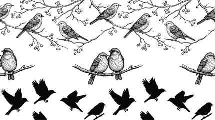 Detailed engraved style birds on berry branches and silhouettes of flying birds in a decorative vector collection © Abida