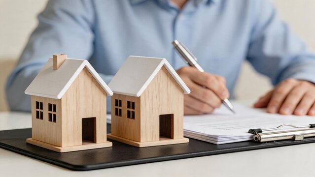 Real estate agent signing property contract documents with wooden house models on table representing home buying selling mortgage loan agreement and investment opportunity for