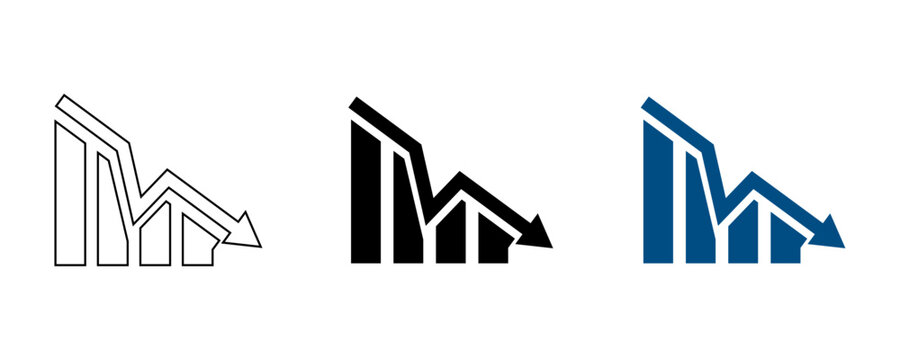 Financial Bar Chart Icons Showing Market Downtrend and Economic Decline for Business Reports and Data Analysis