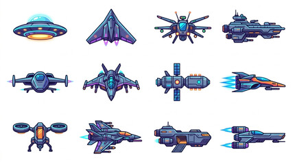 Collection of futuristic spacecraft and alien flying saucers. © Adit