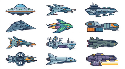 Collection of futuristic spacecraft and alien flying saucers. © Adit